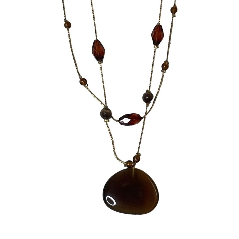 Icing Choker Necklace Brown Stone Pendant Beaded Gold Chain Jewelry u